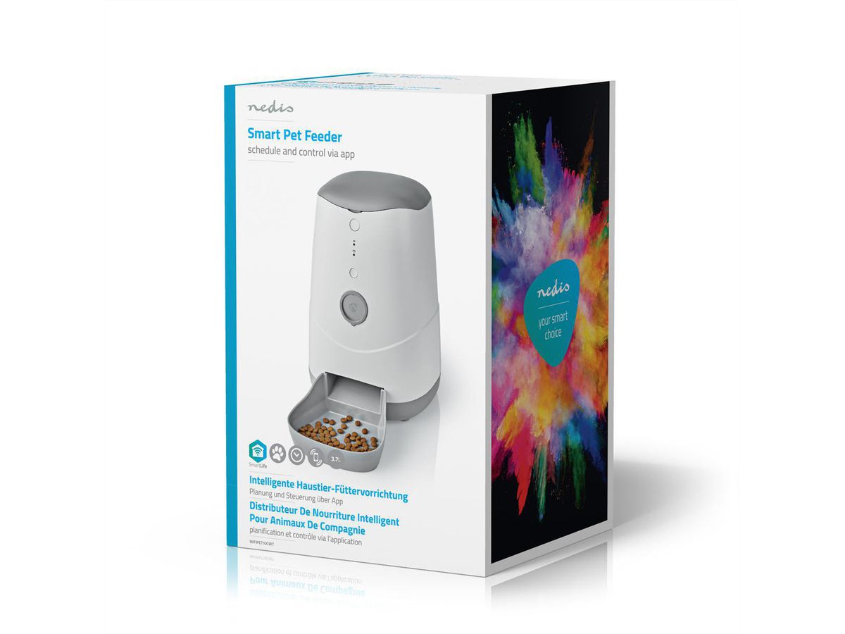 Distributeur de nourriture Nedis SmartLife Wi-Fi 3,7 l pour chiens et chats, Android™ / IOS, Blanc, Gris