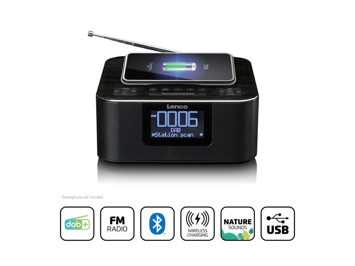 Lenco radio-réveil CR-650, DAB+, noir, BT et fonction de charge sans fil, noir