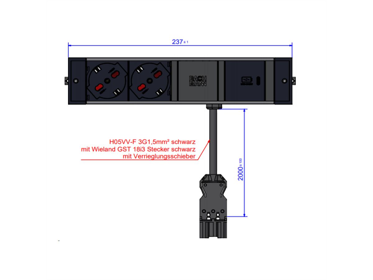 BACHMANN DESK RAIL 2xP40 1xUSB C 30W, 1xUSB A&C Italia