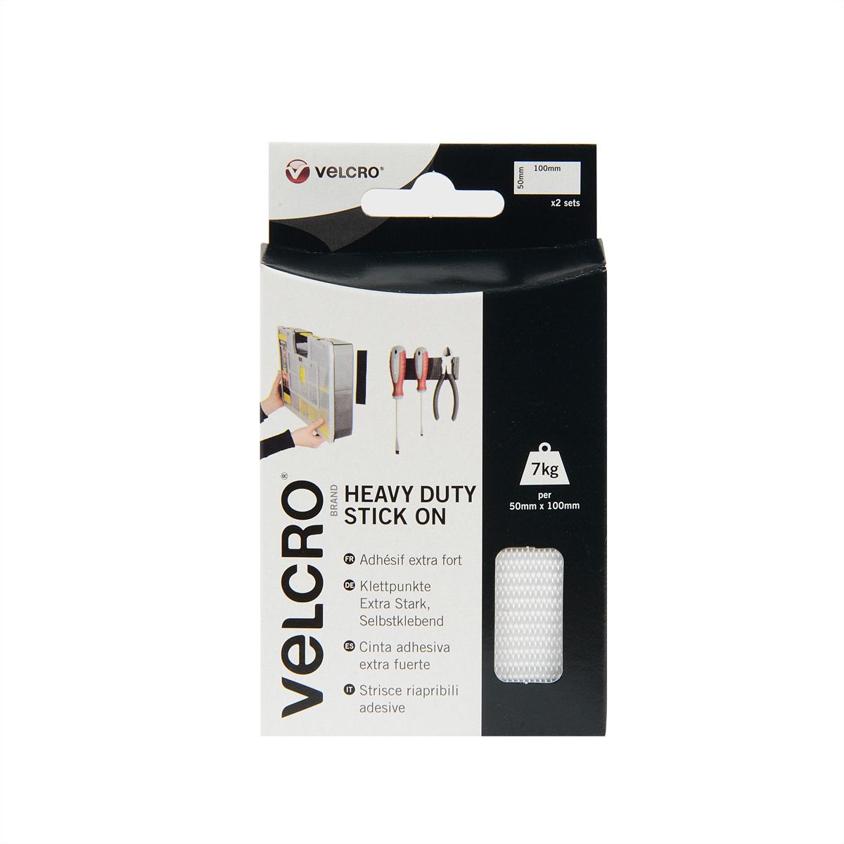 VELCRO® Bandes 50x100mm x 2 blanches, crochets&velours autocollants extra fort