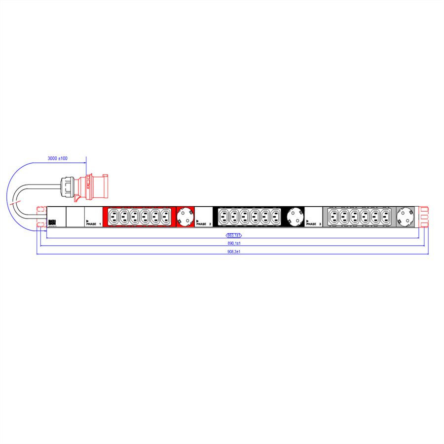 BACHMANN IT PDU ALU 1UH 18x C13 3x contact de protection CEE 3x 16A rouge