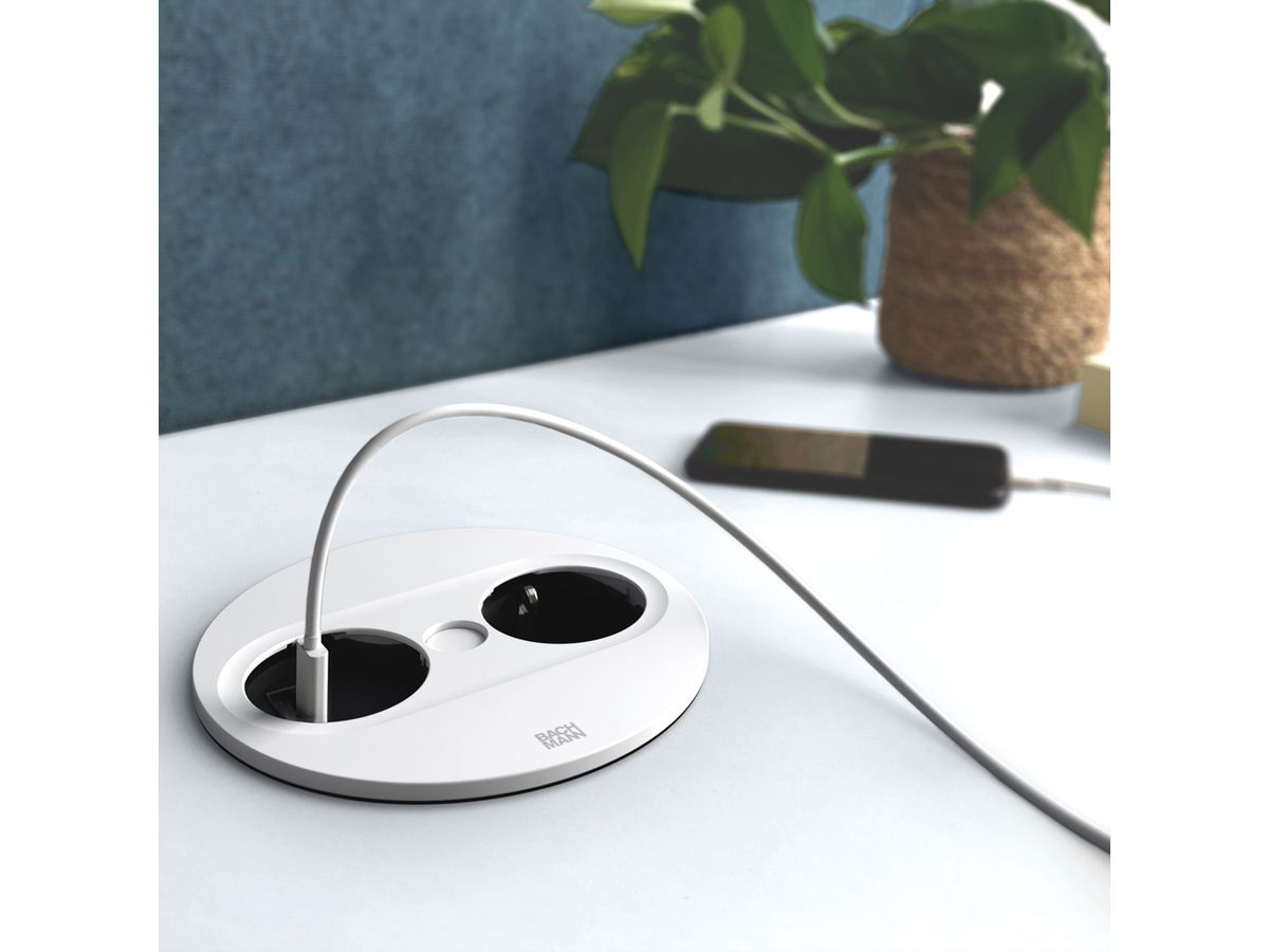 BACHMANN TWIST 2 1xCEE7/3 1xUSB A/C 22W 2,0m AEH RAL9010 30GE rond, Contact de protection GST18 mâle