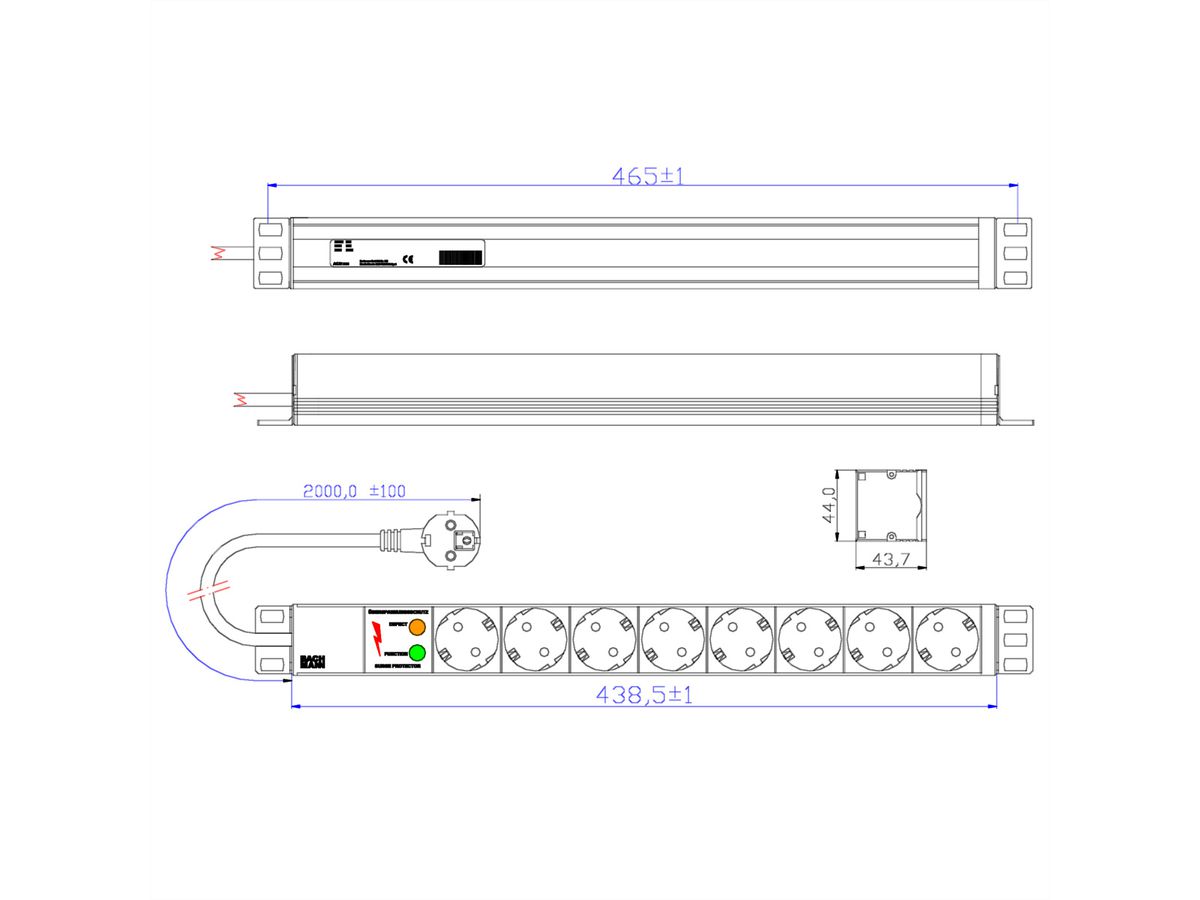 BACHMANN Bâti de prises 19" 8x avec protection contre les surtensions sans interrupteur