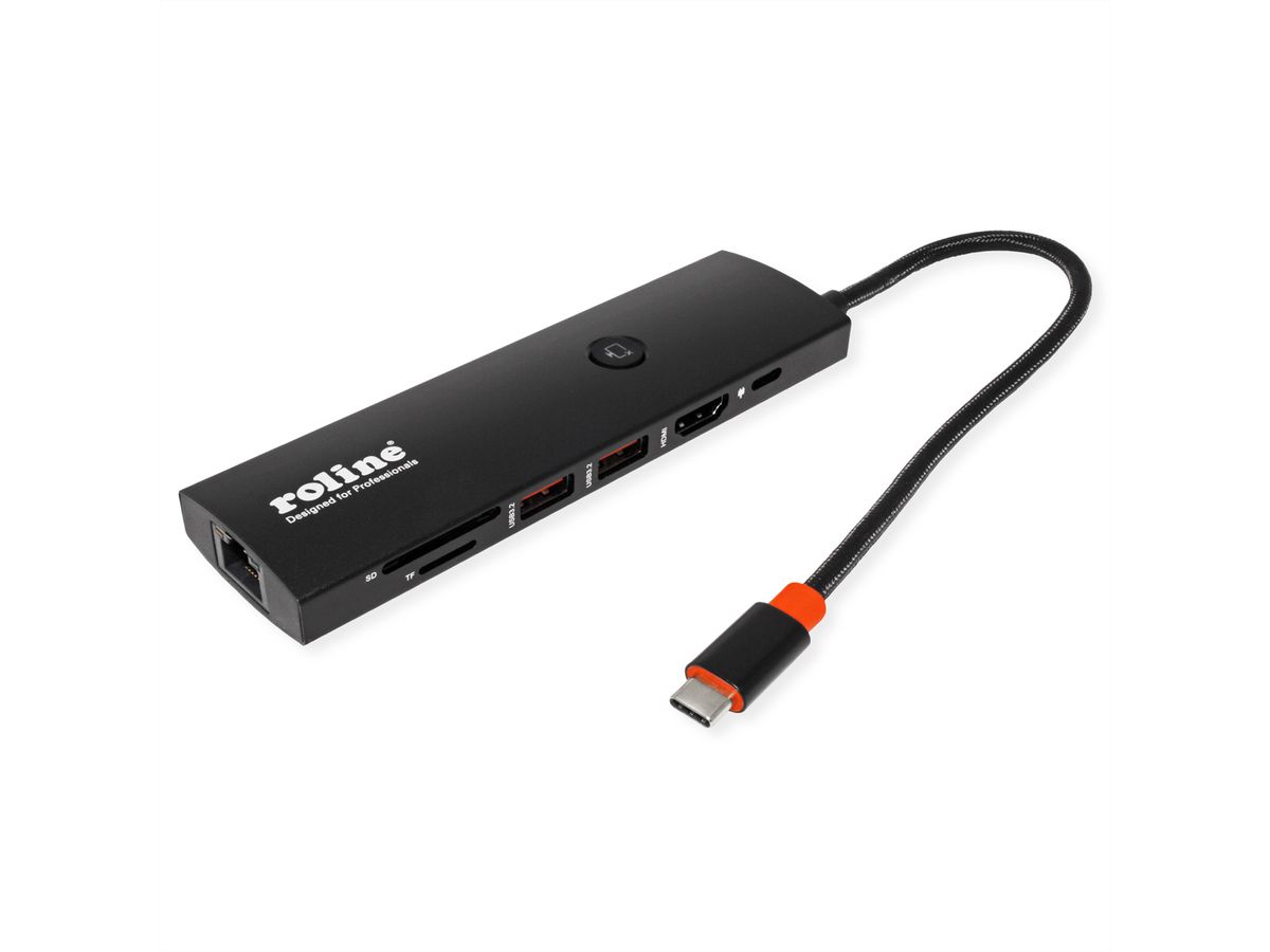 ROLINE USB 3.2 Gen2 Typ C Multiport Dockingstation, HDMI 4K60, USB 3.2 Gen2, USB-C PD, LAN, SD-Card Reader