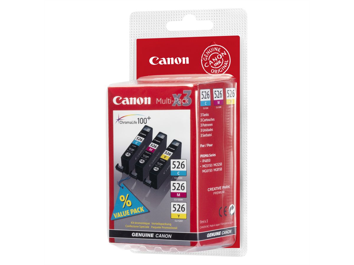 Canon CLI-526C/M/Y - Multipack für PIXMA , MG5150 / MG5220 / MG5220 / MG5250 / MG6120 / MG6150 / MG8120 / IP4820 / IP4850