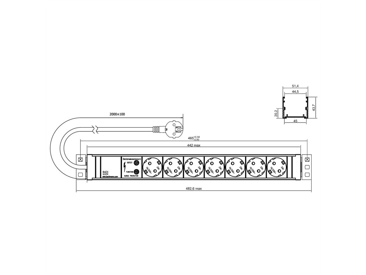 BACHMANN 19" 1,5UH 7xCEE7/3 ws 1xSPD courant 2,0m CEE7/7