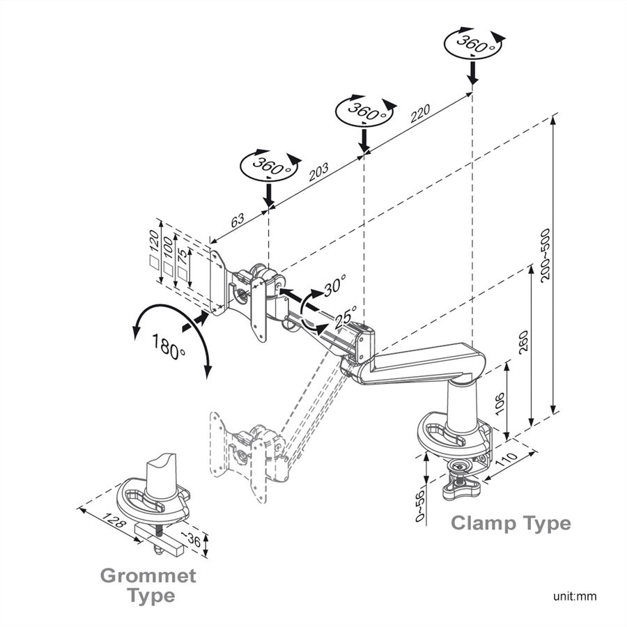 ROLINE Support LCD à gaz, fonction pivot, 5 axes de rotation