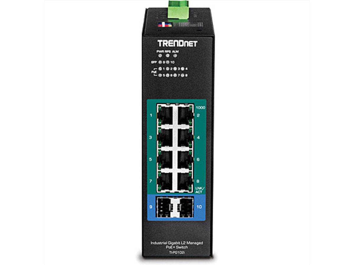 TRENDnet TI-PG102i Switch industriel Rail DIN Gigabit PoE+ L2 à 10 ports