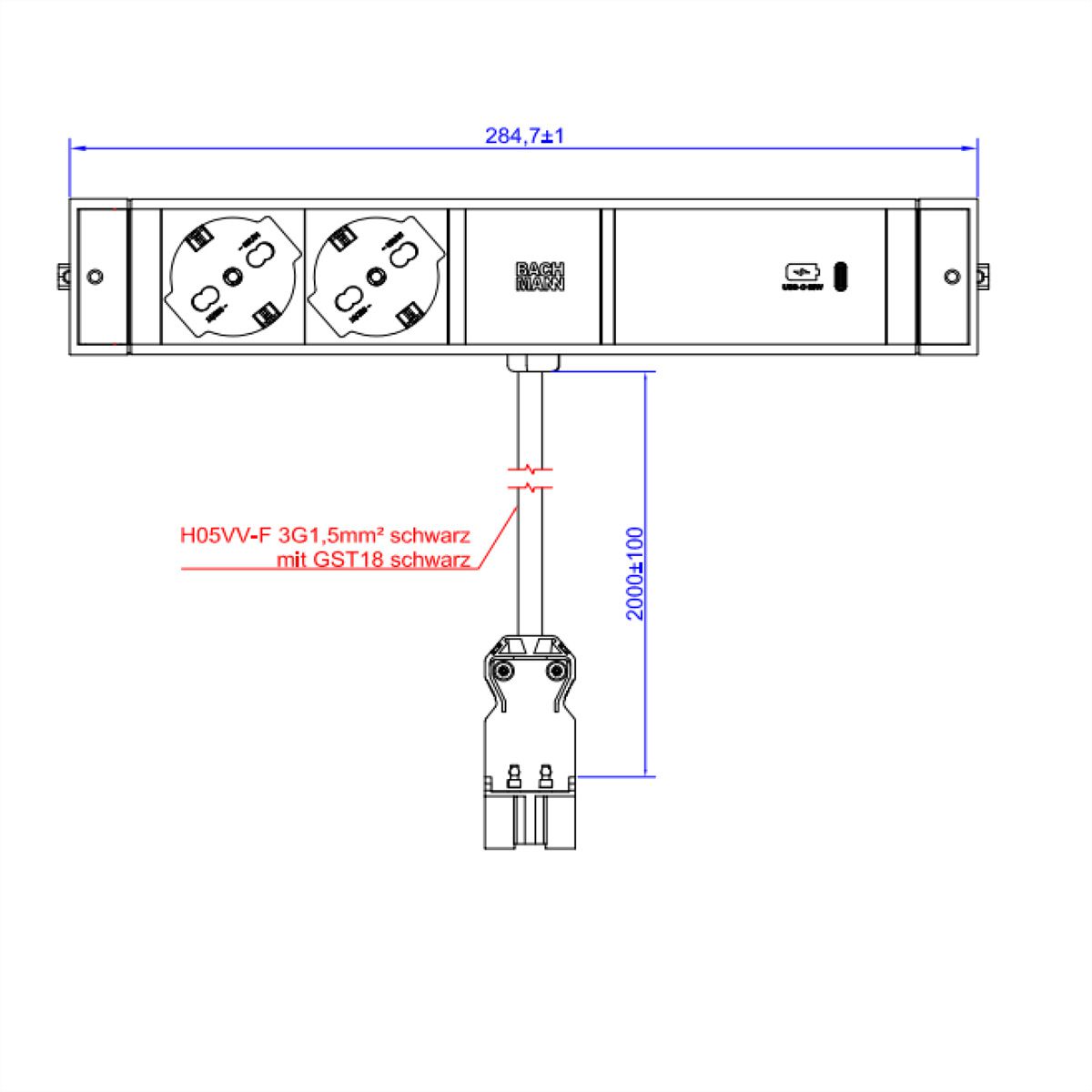 BACHMANN DESK RAIL 2xP40 1xUSB C 60W, ITALIE