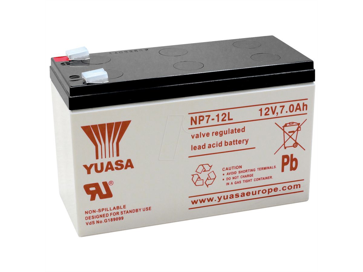 YUASA 12VDC 7Ah Verschlossener, wartungsfreier Bleiakkumulator, Anschlüsse Faston 250 6.3mm, Ideal für USV Anlagen