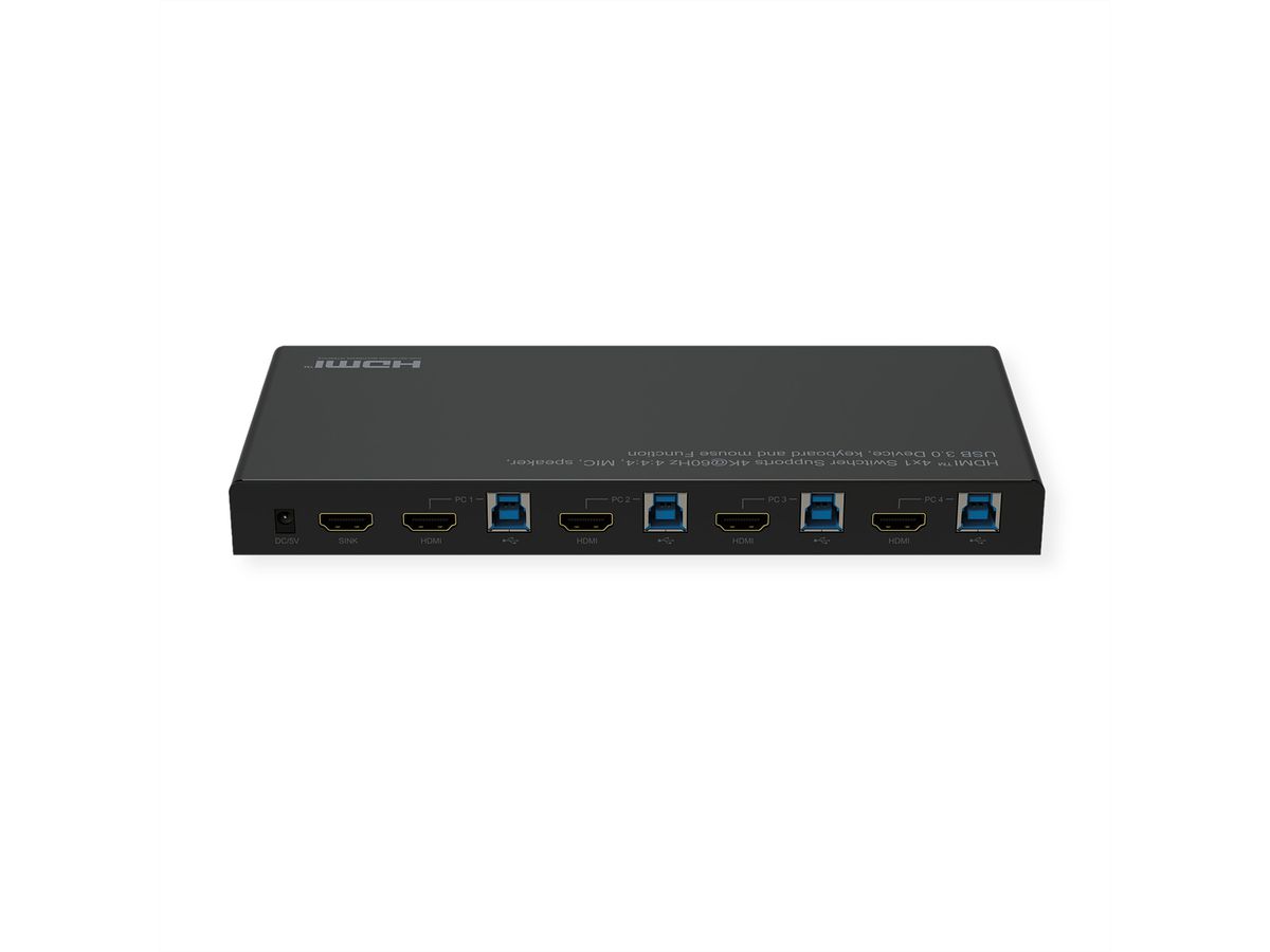 ROLINE KVM Switch, HDMI 4K, USB, 1 User - 4 PC, mit 3-Port USB-Hub
