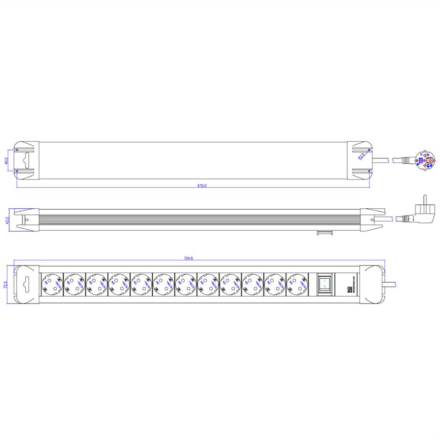 BACHMANN CONNECTUS Multiprise 12x contact de protection, plastique, avec interrupteur, 2,0 m