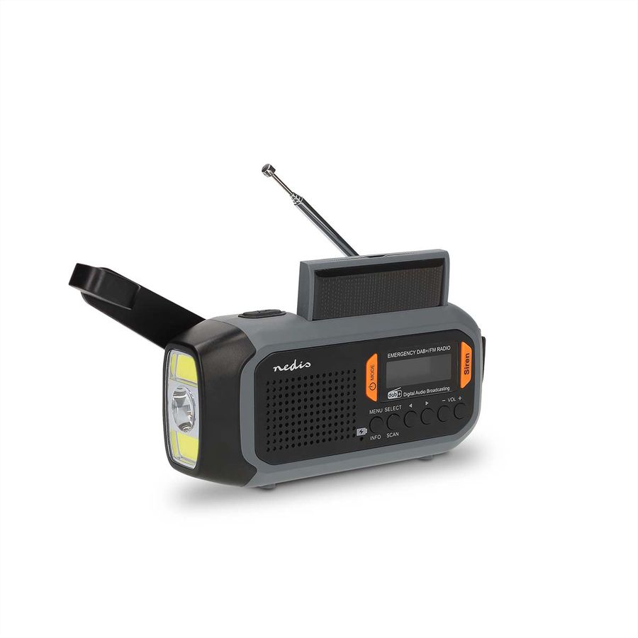 Radio d'urgence Nedis DAB FM avec manivelle, panneau solaire et batterie externe, Radio d'urgence portable pour les situations d'urgence, le camping et les activités de plein air