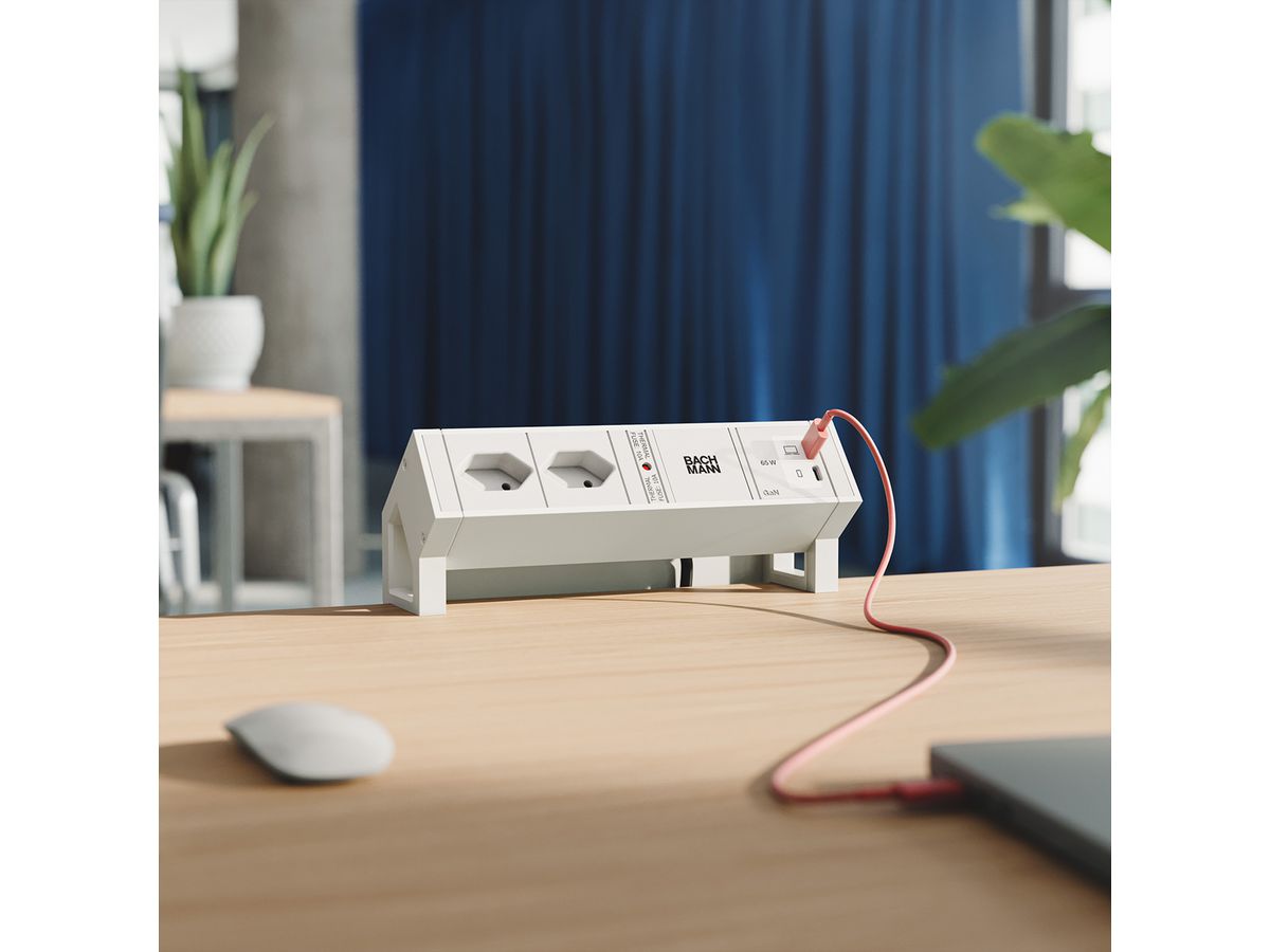 BACHMANN DESK2 white 2xCH 90°, 1xUSB C/C 65W L=0,2m RAL9010