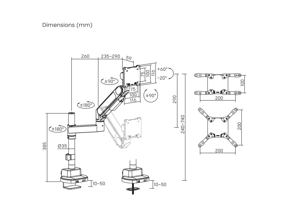 ROLINE Schwerlast-LCD-Arm, Trägerstange, 4 Gelenke, Tischmontage, bis 22/27 kg, schwarz