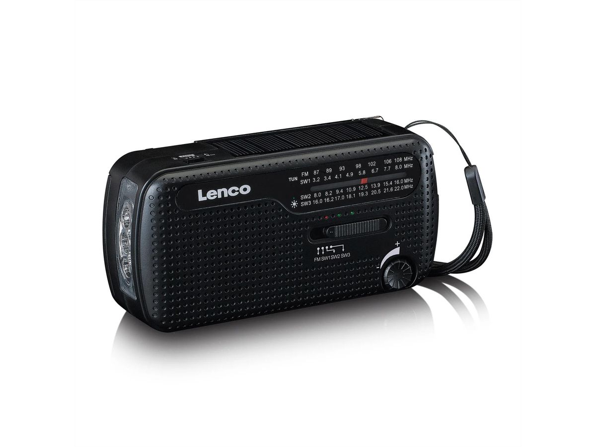 Lenco Radio d'urgence à manivelle MCR-113BK, FM/KW, banque de puissance, lampe de poche