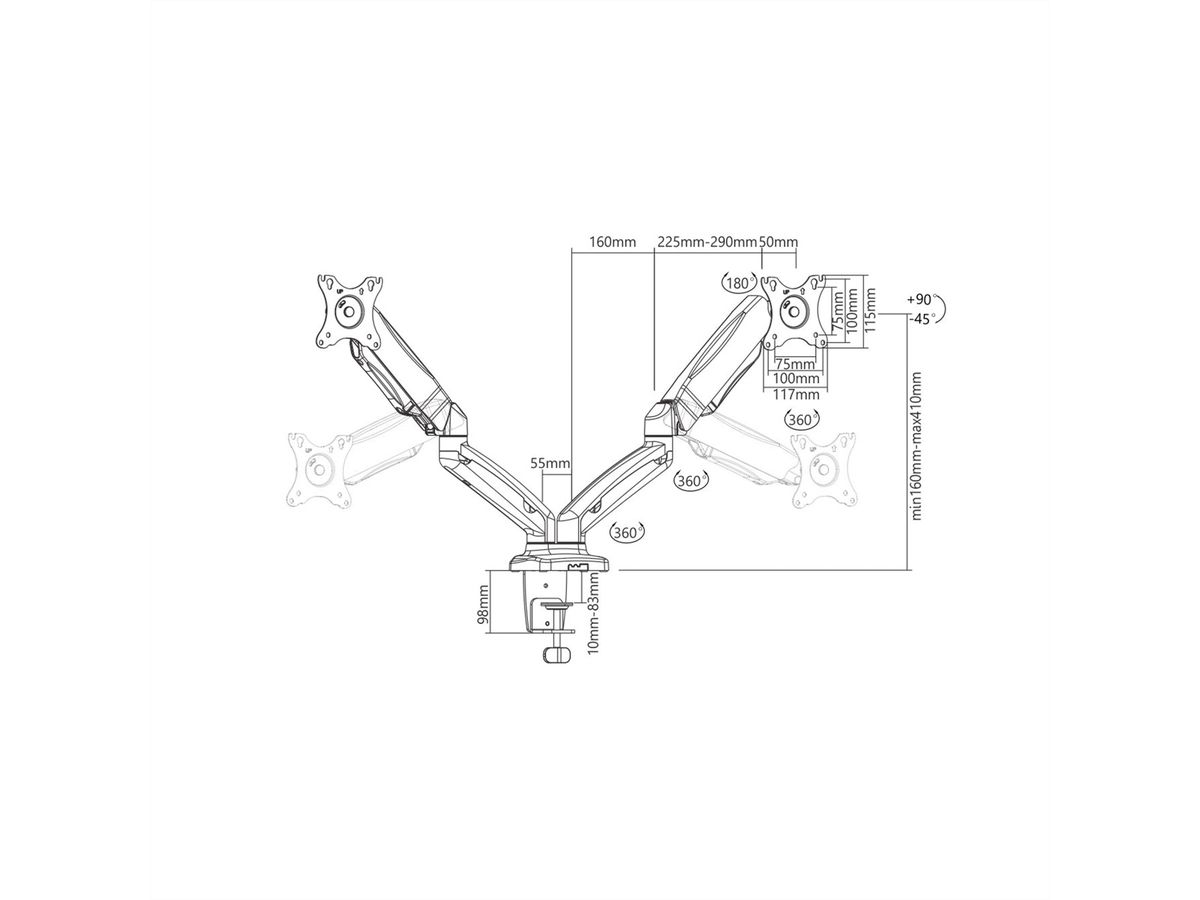 VALUE Dual LCD-Arm, Tischmontage, Gasfeder, 5 Gelenke, 12-27 Zoll, bis 2x 6,5 kg, schwarz