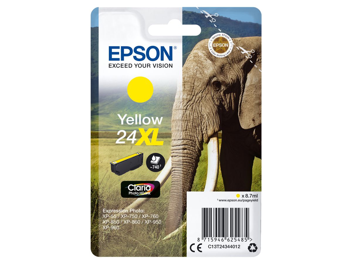 Epson Elephant Singlepack Yellow 24XL Claria Photo HD Ink