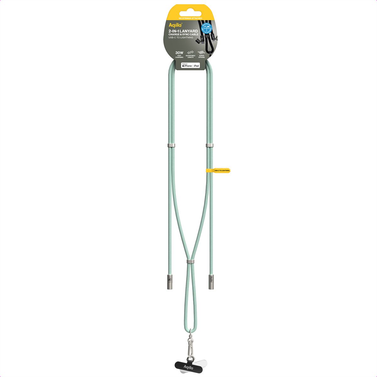 Câble de recharge et de synchronisation Aqiila Lanyard CL3, 60W, type C vers Lightning, vert