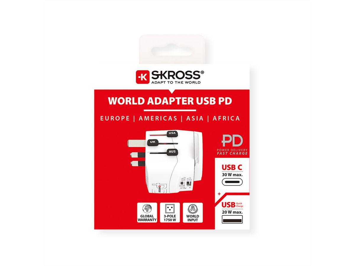 SKROSS Adaptateur de voyage PRO Light USB A/C 30PD World, monde