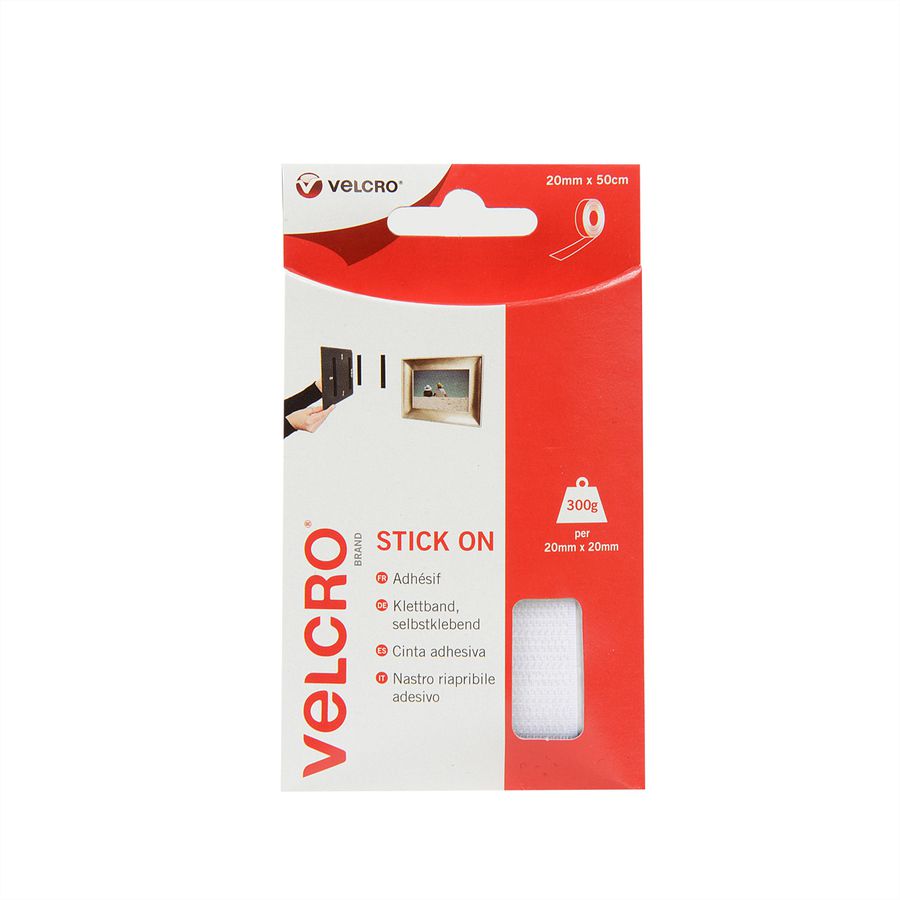 VELCRO® Bande 20mmx50cm blanc, crochets & velours autocollants