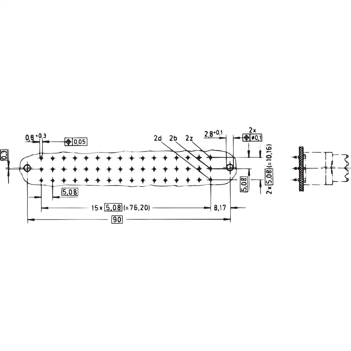 Connecteur SCHROFF Type F, EN 60603, DIN 41612, Femelle, 32 contacts z b, Oeillets à souder, 9.5 mm