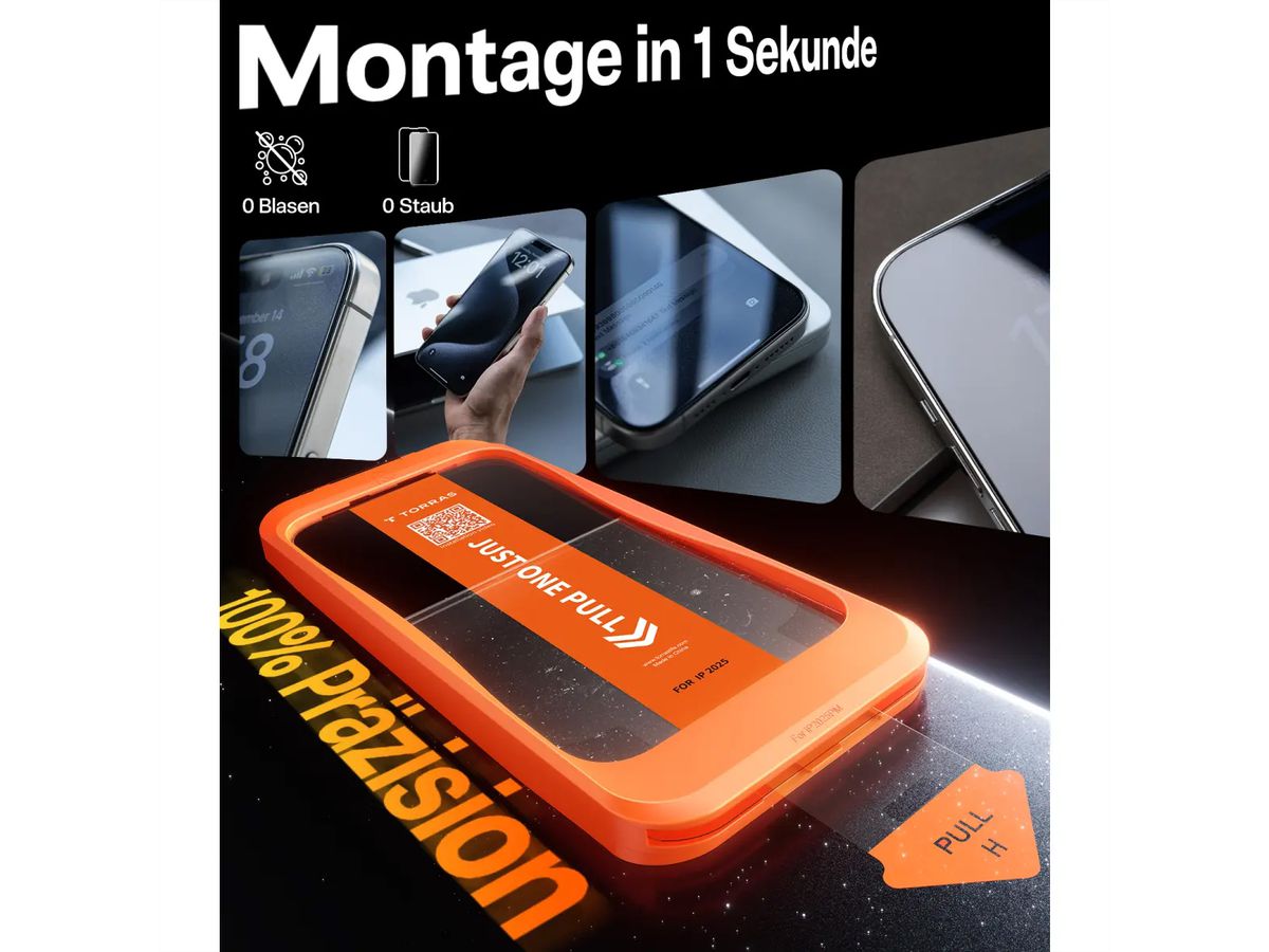Torras Install Master Privacy Displayschutz, iPhone 17, transparent