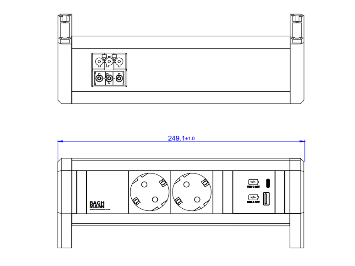BACHMANN DESK 2xCEE7/3 1xUSB A/C 22W GST18 RAL9010