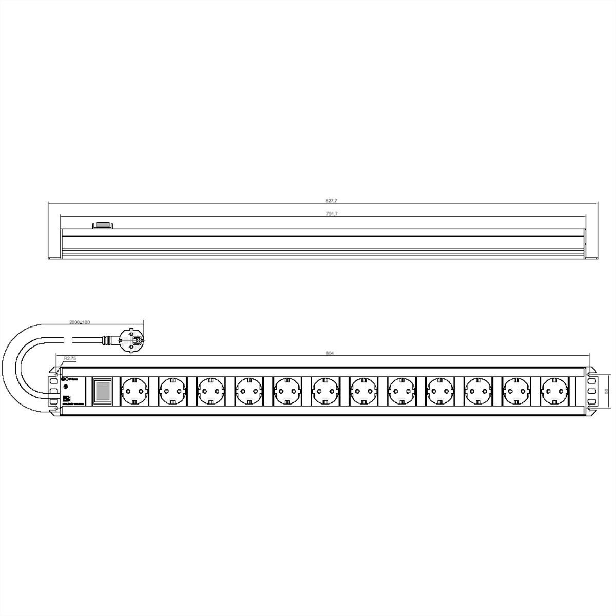 BACHMANN Multiprise 12x contact de protection, interrupteur, 2 m