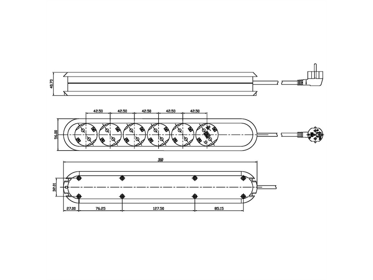 BACHMANN Prise multiple, 6x sans interrupteur, noir, 3 m