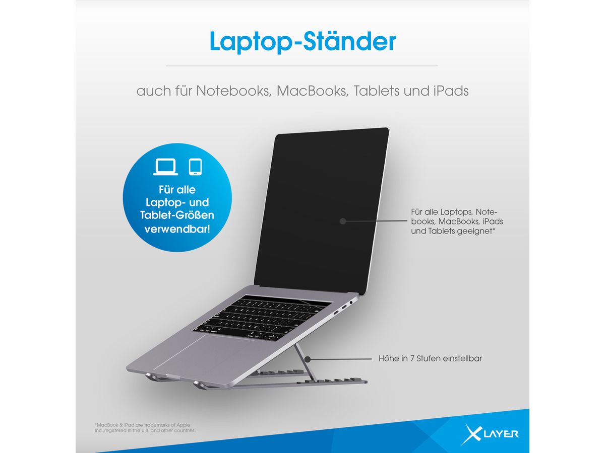 Xlayer Halterung für Laptop faltbar, aluminium, grau - SECOMP AG