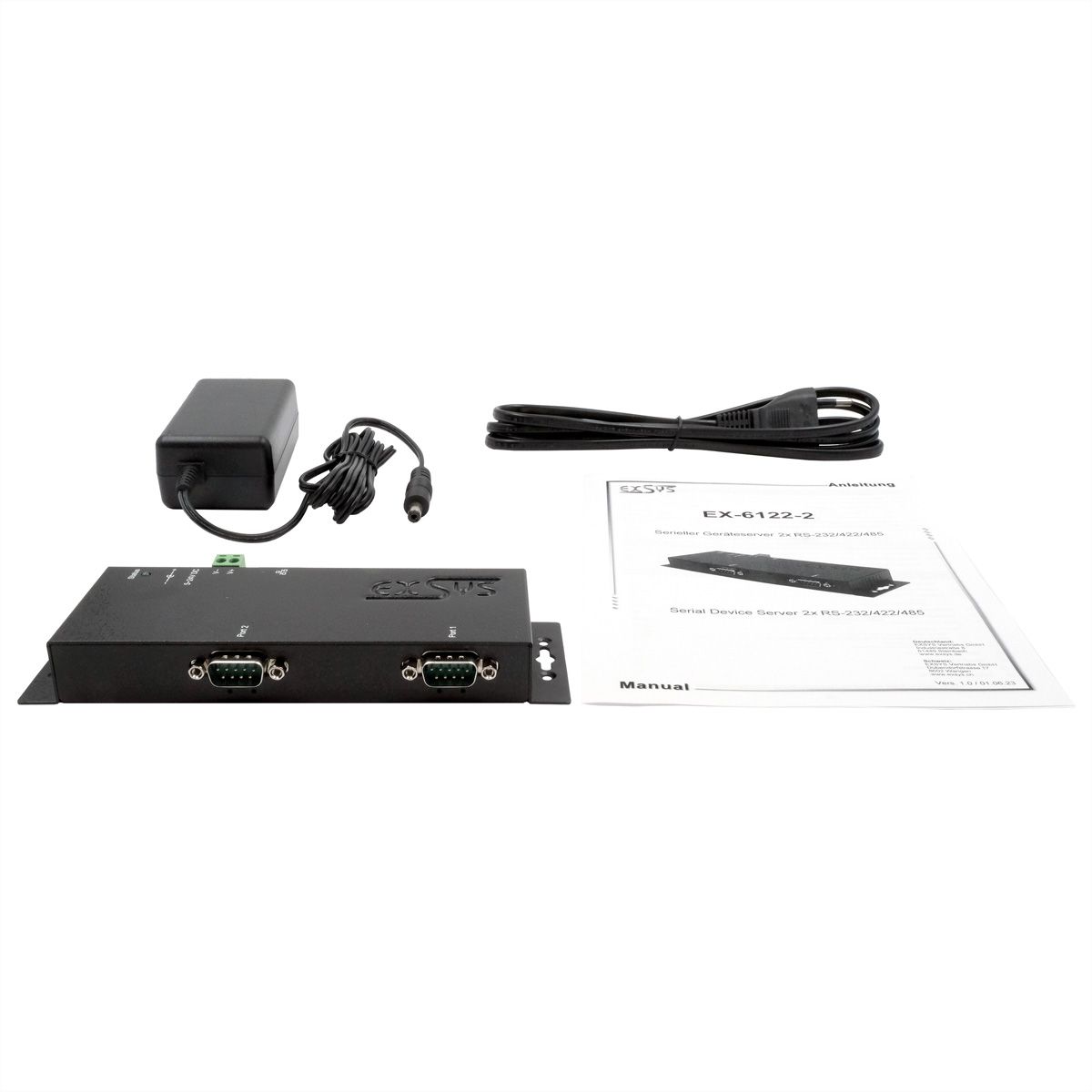 EXSYS EX-6122-2 Ethernet zu Seriell  2 x RS-232/422/485  mit 9 Pin Stecker inkl. Virtual Com Software