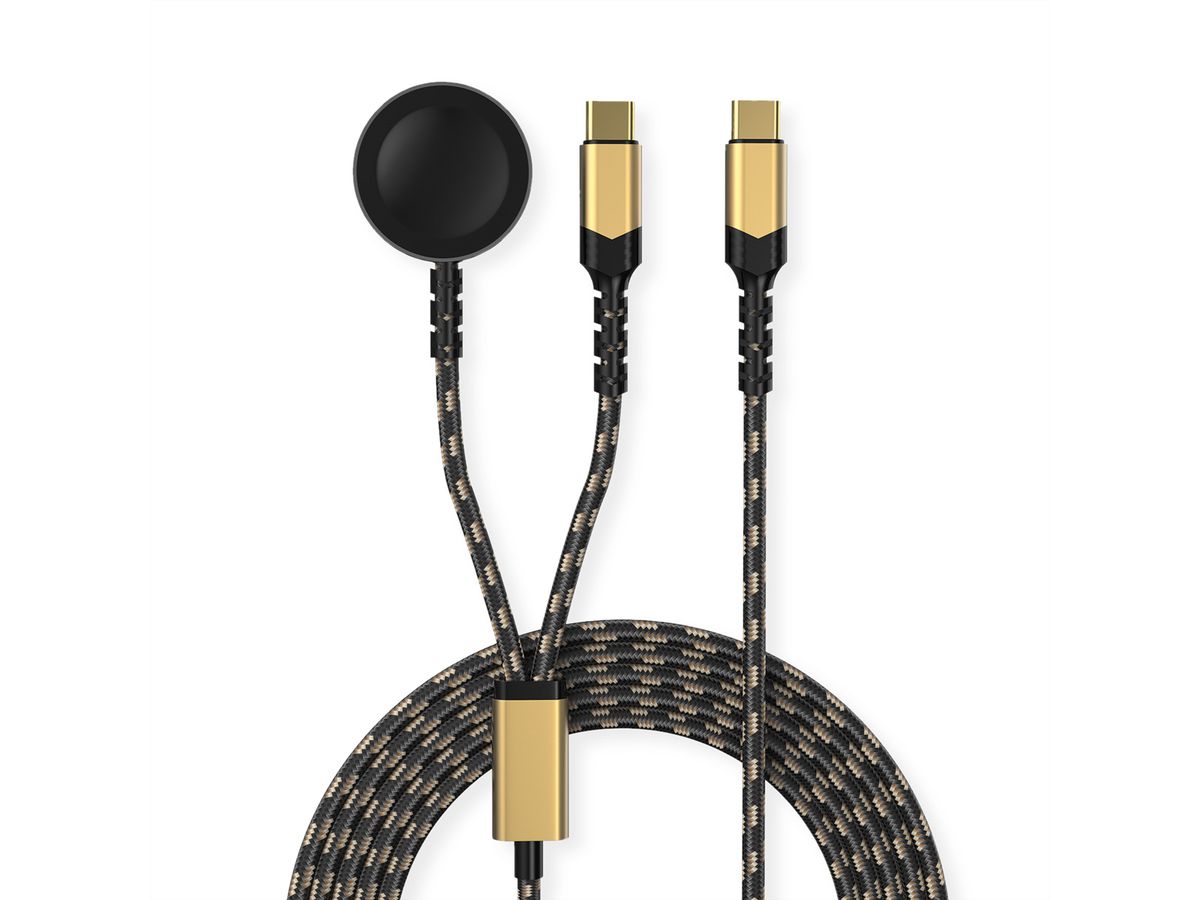 ROLINE USB Split-Ladekabel, bis 60W + Ladepad (bis 15W), für Samsung Geräte, Typ C - C, schwarz / gold, 1,2 m