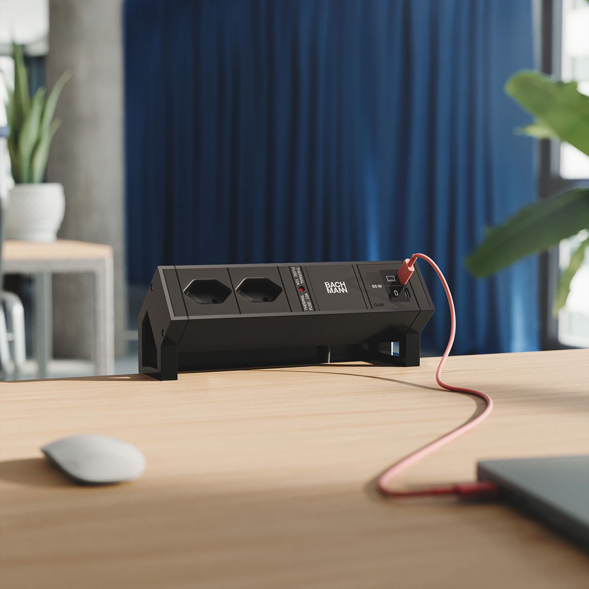 BACHMANN DESK2 2xCH 90° 1xUSB C/C 65W, L=0,2m RAL9005