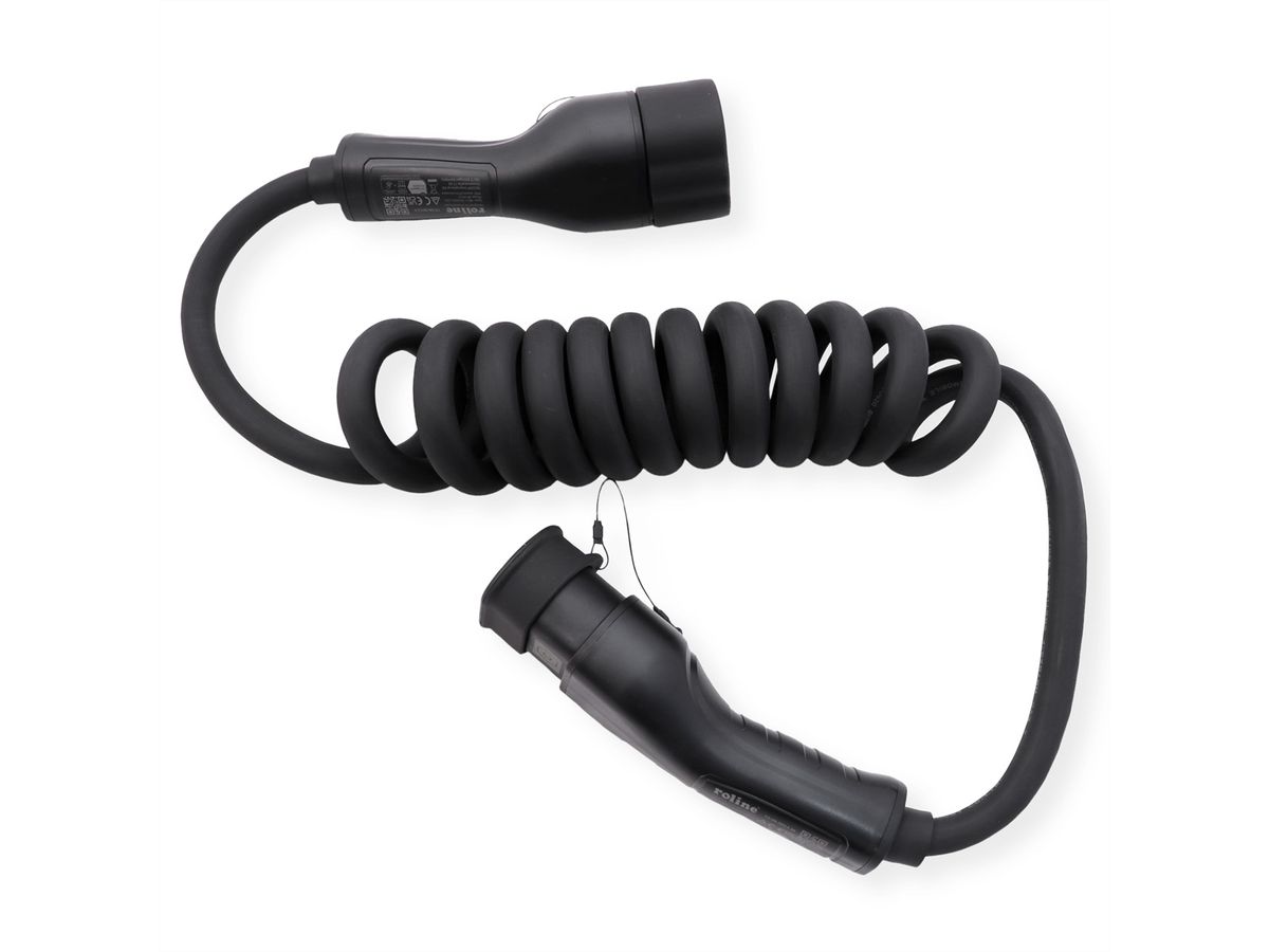 ROLINE Câble de recharge VE type2, 3-Phases, 480VAC (3P+N+E), 32 A, 22 kW, spirale (max. 2m)