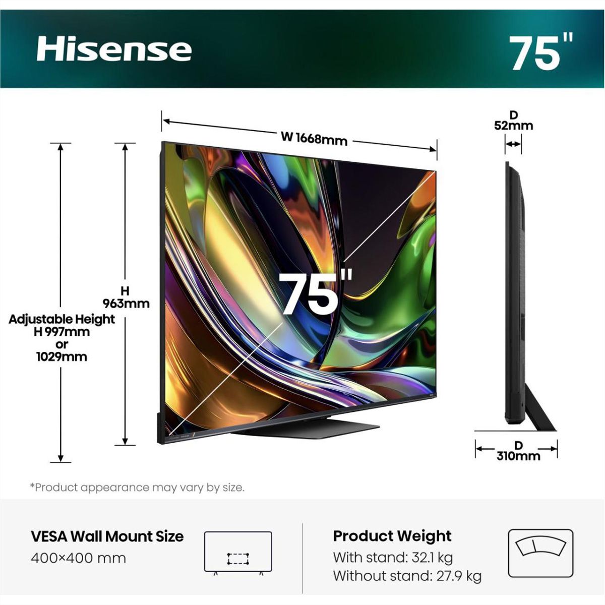 Hisense TV 75UR8DS 75", RGB Mini LED 4K, 180Hz, 3500 Nits