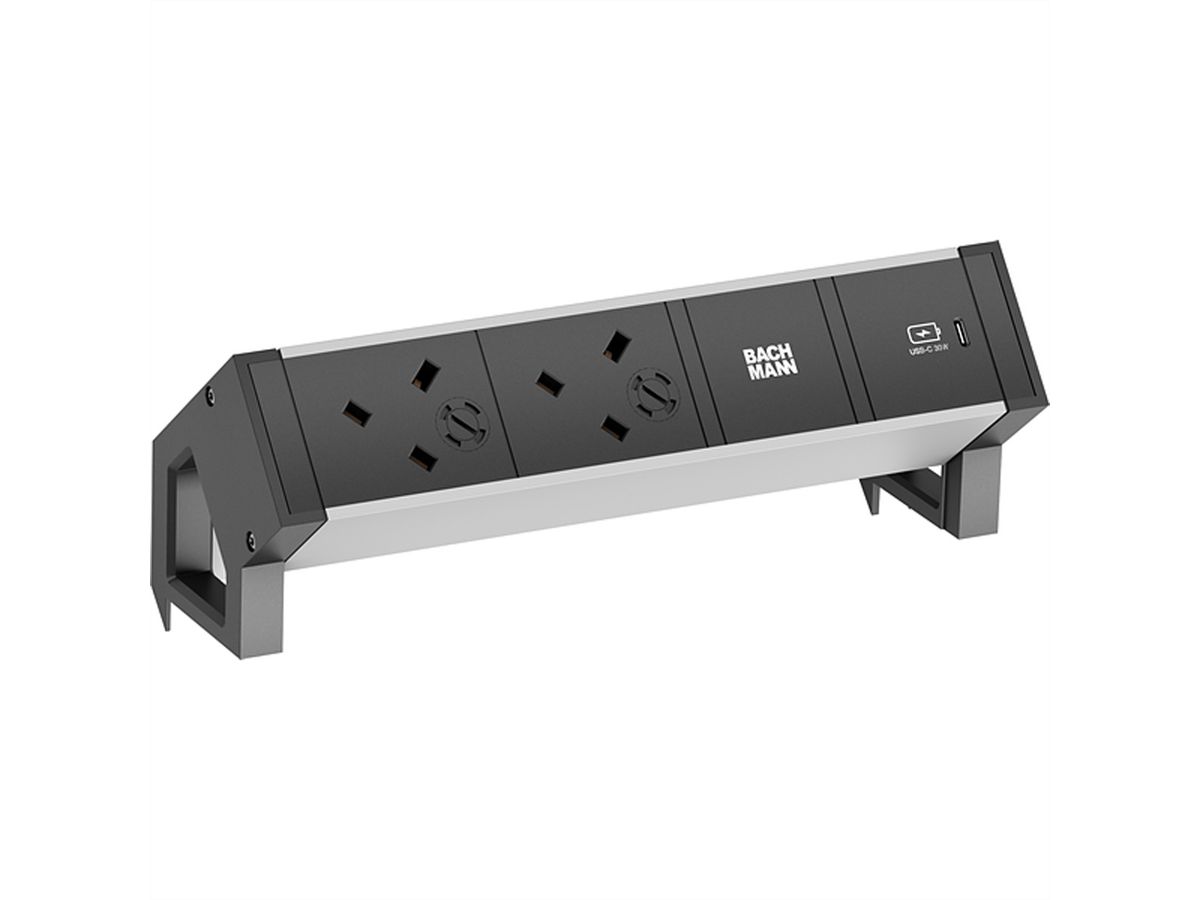 BACHMANN DESK2 ALU BLACK 2xUK, 1xUSBC 30W 0,2m GST18 United Kingdom