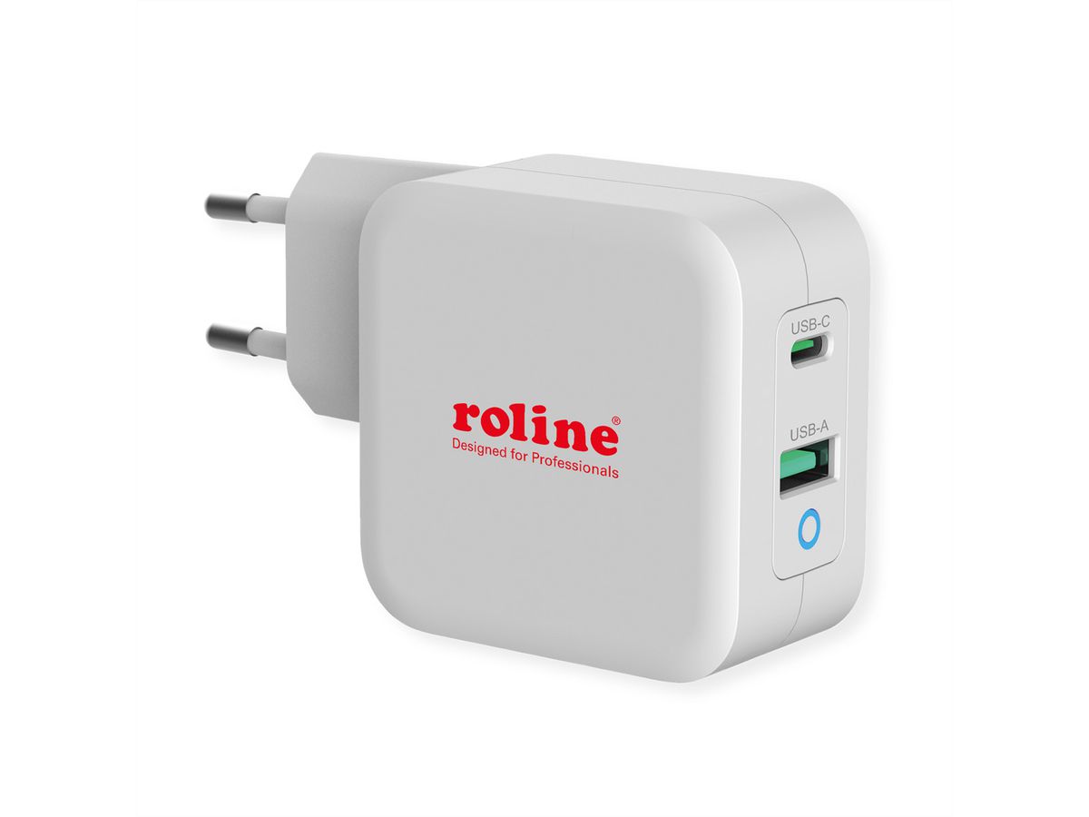 ROLINE USB Charger mit Euro-Stecker, 2 Port (Typ-A QC3.0, Typ-C PD), 65W