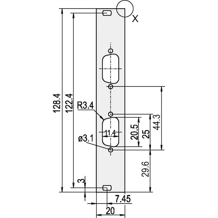 SCHROFF Face avant, plate, non blindée, découpe Sub-D, 3 U, 4 HP, 2 x 9 broches, 2,5 mm, alu, anodisé avant, conducteur arrière