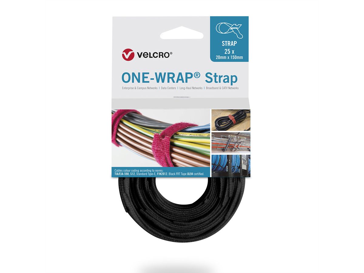 VELCRO® One Wrap® Strap 13mm x 200mm, 25 pièces, ignifugé, noir