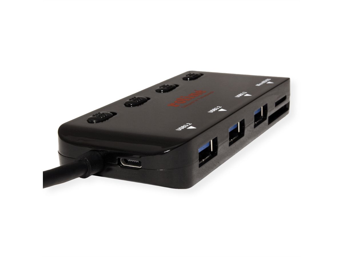 ROLINE USB 3.2 Gen 1 Hub, 3fach, Typ C Anschlusskabel, mit CardReader, Ports einzeln schaltbar