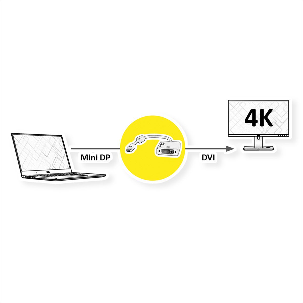 ROLINE 4K Mini DisplayPort-DVI Adapter, Mini DP ST - DVI BU