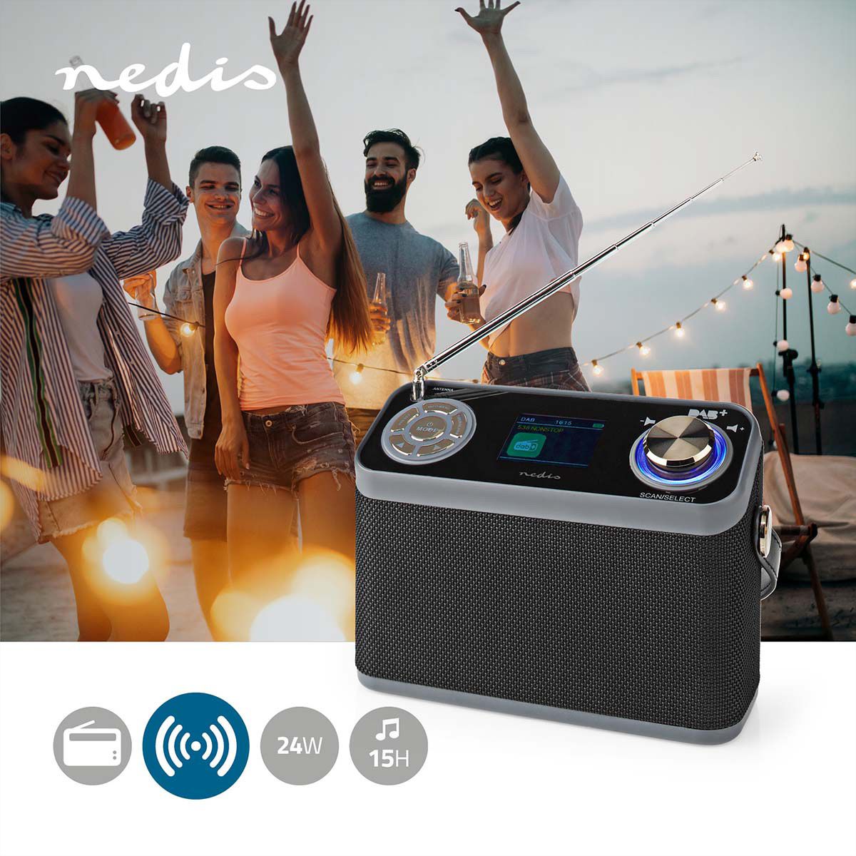 Radio de table DAB+ Nedis, noir, Bluetooth, batterie rechargeable