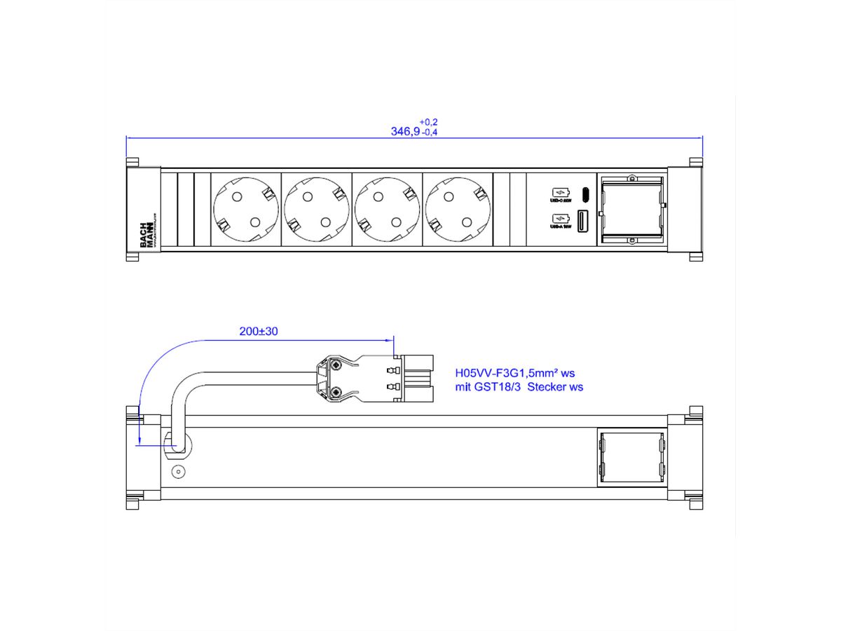 BACHMANN POWER FRAME 4xCEE7/3 1xCM 1xUSB A/C 22W 0,2m RAL9010
