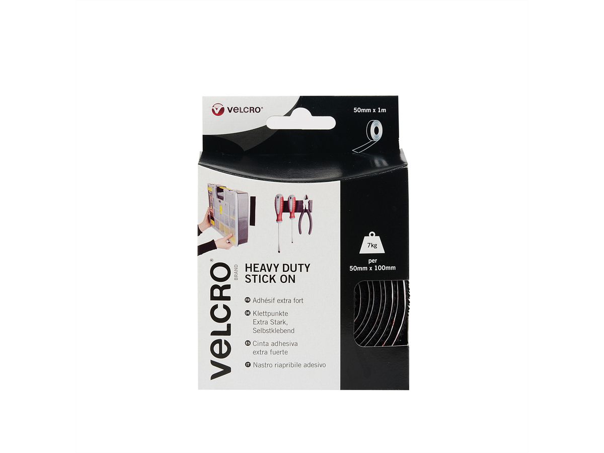 VELCRO® Bande 50mmx1m noir, crochets&velours autocollants extra fort