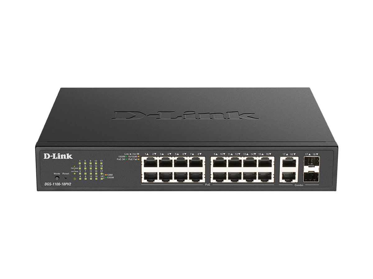 D-Link DGS-1100-18PV2 commutateur réseau Géré L2 Gigabit Ethernet (10/100/1000) Connexion Ethernet, supportant l'alimentation via ce port (PoE) 1U Noir