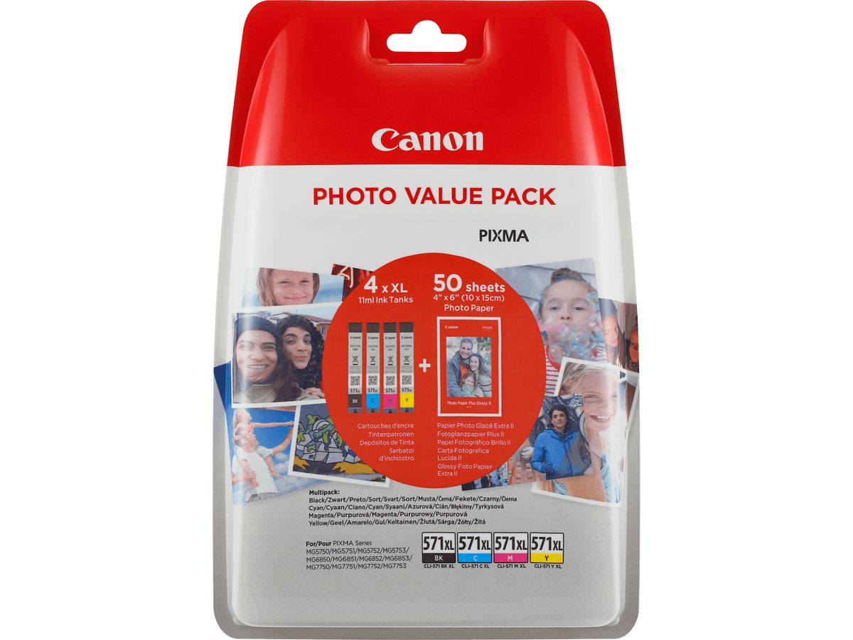 Canon CLI-571XL BK/C/M/Y Tinte mit hoher Reichweite + Fotopapier Value Pack