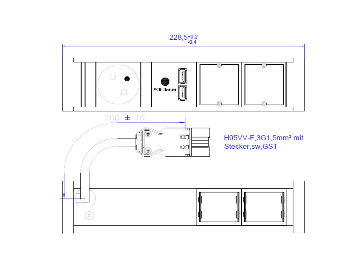 BACHMANN VENID 1xUTE 1xUSB Charger 2xCM 0,2m GST18