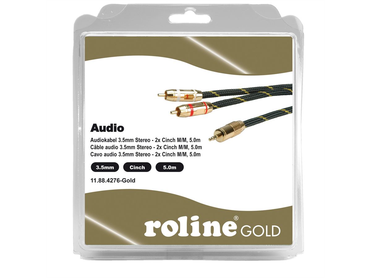 ROLINE GOLD Audio-Verbindungskabel 3,5mm Stereo - 2x Cinch, ST/ST, Retail Blister, 5 m