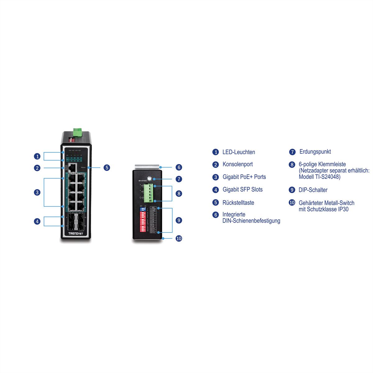 TRENDnet TI-PG1284i Switch Rail DIN géré PoE+ Gigabit industriel à 12 ports